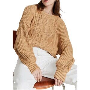 Free People Dream Mixed CableKnit Desert Classic Camel Oversized Sweater Size XL